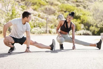Tuinposter Fitness personal trainer couple stretching legs for exercise goal, motivation and accountability. Training instructor and athlete woman, client or sports people workout for healthy body or wellness © Jade M/peopleimages.com