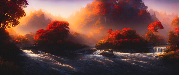 Artistic concept painting of a beautiful river landscape, background illustration