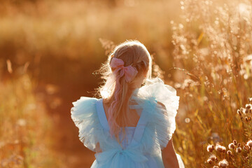 Dreamy portrait of a young girl in a delicate blue dress with ruffled sleeves, standing in a sunlit...