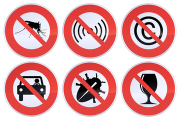 Collection of red, black and white circular prohibition signs indicating prohibition of electromagnetic wave, insects, copyrights, mosquitoes and wine (metal reflection)
