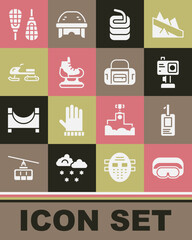 Set Ski goggles, Identification badge, Action camera, Stone for curling, Skates, Snowmobile, Snowshoes and Sport bag icon. Vector