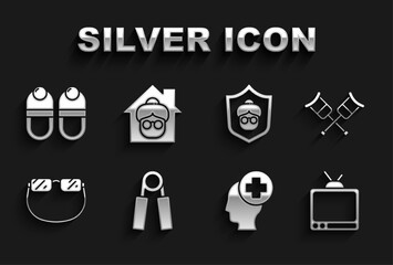 Set Sport expander, Crutch crutches, Retro tv, Male head with hospital, Eyeglasses, Grandmother, Slippers and Nursing home icon. Vector