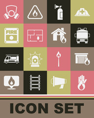 Set No fire, Fire in burning garage, truck, extinguisher, Evacuation plan, alarm system, Gas mask and house icon. Vector