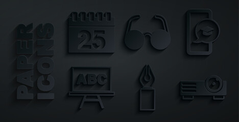 Set Fountain pen nib, Graduation cap on mobile, Chalkboard, Movie, film, media projector, Glasses and Calendar icon. Vector