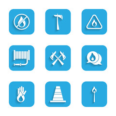 Set Firefighter axe, Traffic cone, Burning match with fire, Telephone call 911, No, hose reel, flame triangle and icon. Vector