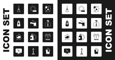 Set Home cleaning service, Water tap, Dishwashing liquid bottle, Handle broom, Hanger wardrobe, Washing dishes, Rubber gloves and Bar of soap icon. Vector