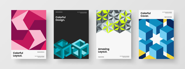 Bright mosaic hexagons leaflet illustration collection. Clean postcard A4 vector design concept bundle.