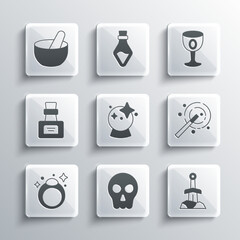 Set Skull, Sword in the stone, Magic wand, ball, ring, Bottle with potion, Witch cauldron and Medieval goblet icon. Vector