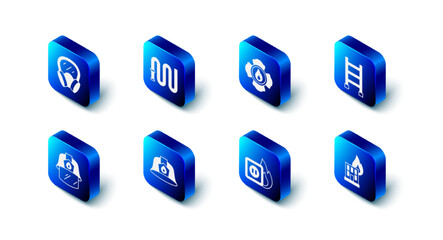 Set Fire hose reel, Firefighter, escape, in burning building, Electric wiring of socket fire, helmet, and Gas mask icon. Vector