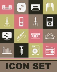 Set Radio, Tambourine, Music player, Retro audio cassette tape, Balalaika, Home stereo with two speakers and Guitar icon. Vector