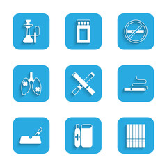 Set Cigarette, Electronic cigarette, Ashtray with, Disease lungs, No smoking and Hookah icon. Vector