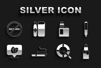 Set Cigarette, Vape liquid bottle, Ashtray with cigarette, Tobacco leaf, mod device, No smoking and Electronic icon. Vector