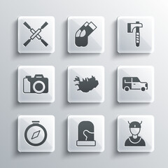 Set Christmas mittens, Viking head, Car, Map of Iceland, Compass, Photo camera, Oars or paddles boat and Wooden axe icon. Vector