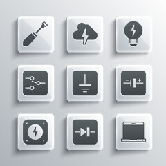 Set Diode in electronic circuit, Laptop, DC voltage source, Electrical symbol ground, Lightning bolt, Switch, Screwdriver and Creative lamp light idea icon. Vector