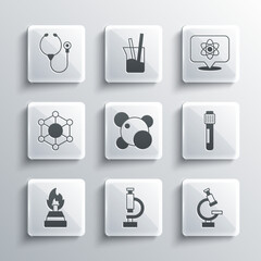 Set Microscope, Test tube, Molecule, Alcohol or spirit burner, Stethoscope and Atom icon. Vector