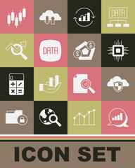 Set Pie chart infographic, Cloud and shield, Processor CPU, Data analysis, Search data, Browser with stocks market and Financial growth icon. Vector