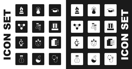 Set Graduation cap, Test tube, Molecule, Alcohol or spirit burner, Explosion in the flask, Calculator and Microscope icon. Vector