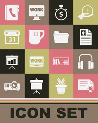 Set Certificate template, Headphones, Resume, Time is money, Cup of tea with tea bag, Calendar, Address book and Document folder icon. Vector