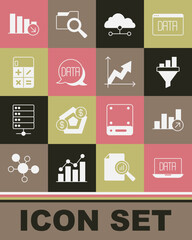 Set Data analysis, Financial growth, Sales funnel with chart, Network cloud connection, Calculator, decrease and icon. Vector