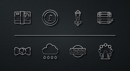 Set line Pound sterling money, Bow tie, Wooden barrel, London sign, Cloud with rain, Coin pound, eye and Vintage street light icon. Vector