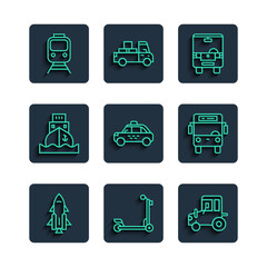 Set line Rocket ship with fire, Scooter, Tractor, Bus, Taxi car, Cargo, Train and railway and icon. Vector