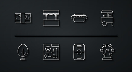 Set line Stacks paper money cash, Tree, Fast street food cart, Hockey table, Amusement park map, Ticket box office, Ferris wheel and Hotdog icon. Vector