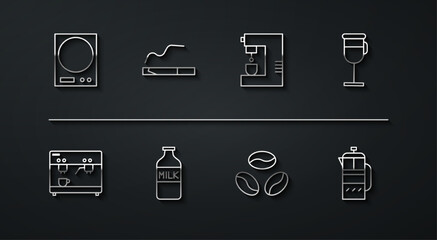 Set line Electronic scales, Coffee machine, Irish coffee, beans, Bottle with milk, Cigarette, French press and icon. Vector