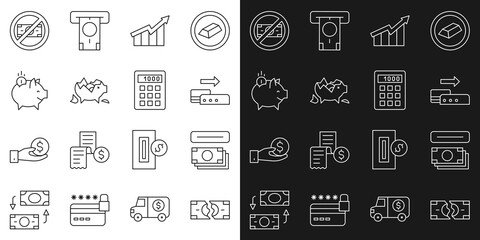 Set line Tearing money banknote, ATM and, Pos terminal, Financial growth increase, Broken piggy, Piggy with coin, No and Calculator icon. Vector