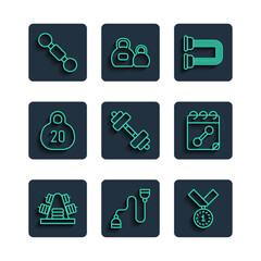Set line Metal rack with weights, Chest expander, Medal, Dumbbell, Kettlebell, and Calendar fitness icon. Vector