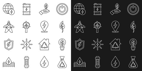 Set line Garbage bag with recycle, Light bulb leaf, Leaf or leaves, Plant in hand, Wind turbine, Electric tower, Global energy power planet and Lightning bolt icon. Vector