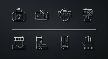 Set line First aid kit, Ribbon in finishing line, Action camera, Meteorology thermometer, Waterproof rubber boot, Ice hockey goal, Christmas mitten and Hockey mask icon. Vector