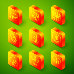 Set line Security camera, Credit card, Slot machine with jackpot, Casino chips exchange on money, and playing cards, slot clover, Game dice and Joker icon. Vector