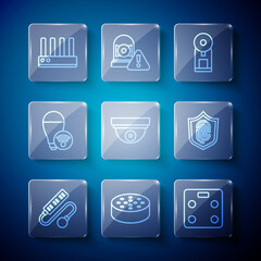 Set line Electric extension cord, Water sensor, Smart bathroom scales, coffee machine, Motion, light bulb, Router and wi-fi signal and Fingerprint icon. Vector