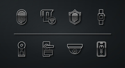 Set line Fingerprint, Smart coffee machine, home with smart watch, Motion sensor, Digital door lock, electric kettle, key and icon. Vector