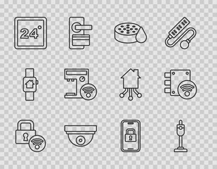 Set line Digital door lock, Vacuum cleaner, Water sensor, Motion, Thermostat, Smart coffee machine, and icon. Vector