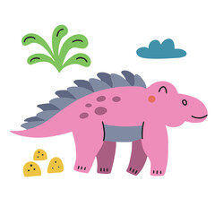 Cute bright dinosaur in doodle style. Vector illustration on a white background for decorating a children's room and textiles.