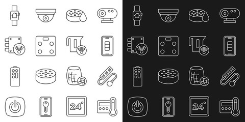 Set line Thermostat, Electric extension cord, Smartphone battery charge, Water sensor, bathroom scales, Digital door lock, home with smart watch and electric kettle icon. Vector