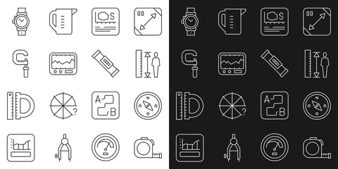 Set line Roulette construction, Compass, Measuring height body, Area measurement, instrument, Micrometer, Wrist watch and Construction bubble level icon. Vector