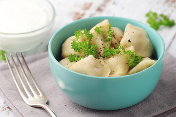 Russian national dish pelmeni served in a plate	