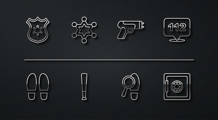 Set line Police badge, Footsteps, Telephone call 112, Baseball bat, Hexagram sheriff, Safe and electric shocker icon. Vector