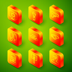 Set line Hexagram sheriff, Flashlight, Police electric shocker, Footsteps, Sheriff hat with badge, Whistle, Flasher siren and Protest icon. Vector