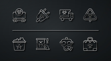 Set line Radioactive cargo train, Infectious waste, Triangle with radiation, Gas mask, barrel, Radiation electrical plug, nuclear suitcase and Truck materials icon. Vector