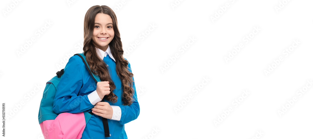 Canvas Prints happy face of teen girl with long curly hair hold school bag isolated on white. portrait of school g