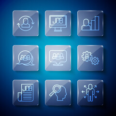 Set line Search job, Magnifying glass for search, Multitasking manager working, Productive human, Project team base, Exchange and Human with gear icon. Vector