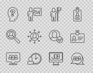 Set line Project team base, Man holding flag, Work time, Worker, Multitasking manager working, Search job and Identification badge icon. Vector