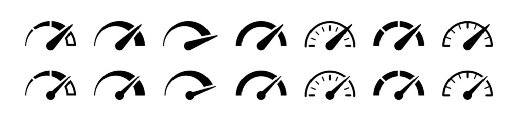Speedometer icon set. Speed indicator symbols. Performance concept. Fast acceleration. Simple flat vector icons.