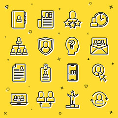 Set line Exchange work, Worker, Project team base, Productive human, User protection, Employee hierarchy, Resume and icon. Vector