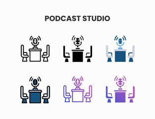 Studio Podcast icon set with line, outline, glyph, filled line, flat color, line gradient and flat gradient. Can be used for digital product, presentation, print design and more.