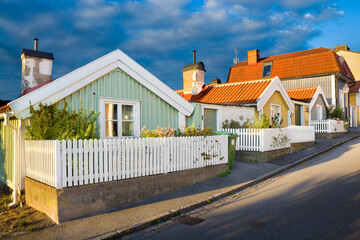 Colorful wooden houses in Bjorkholmen, the oldest district of Karlskrona, Sweden - 532750782
