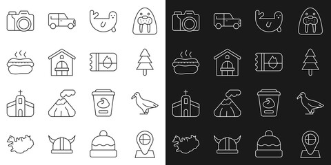 Set line Location flag Iceland, Albatross, Tree, Fur seal animal, Farm house, Hotdog sandwich, Photo camera and Ticket in icon. Vector